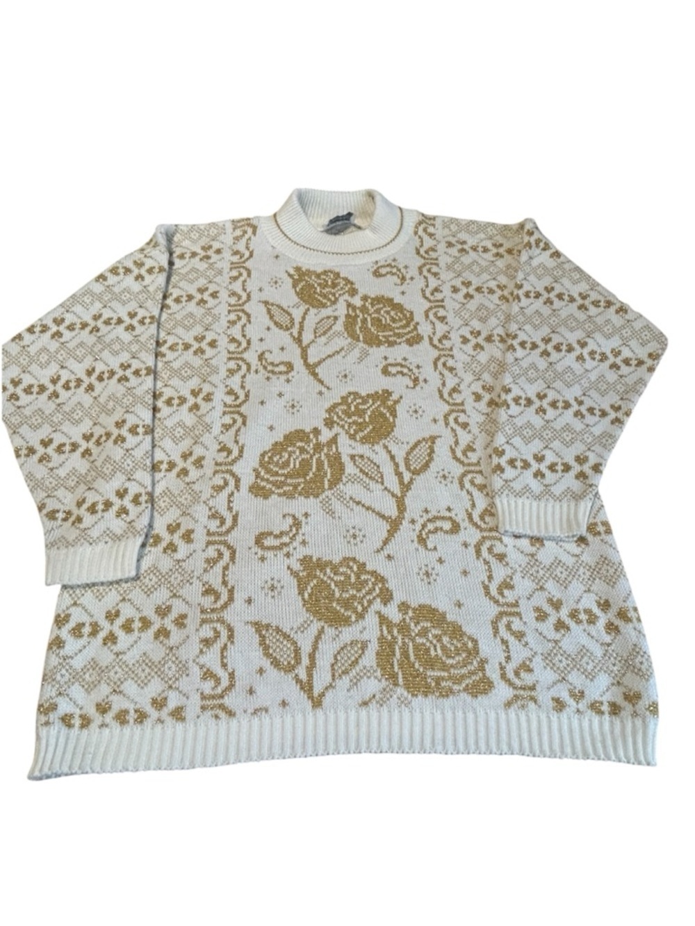 Vintage Gold Floral Sweater Cottagecore 80s 90s USA Womens L
